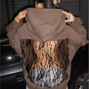 Streetwear Fashion Hoodie Woman's Sexy Solid See Through Backless Sweatshirt Autumn Winter Ladies Lace Splicing Fleece Pullover