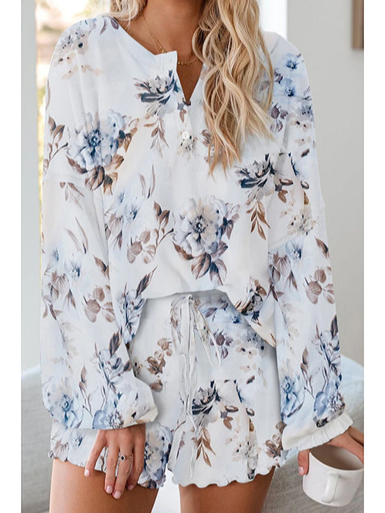 Women Homewear Sets Casual Long Sleeve Loose Button Top And Shorts Print Two Piece Pajamas Women's Suit 2023 Autumn Set - Image 3