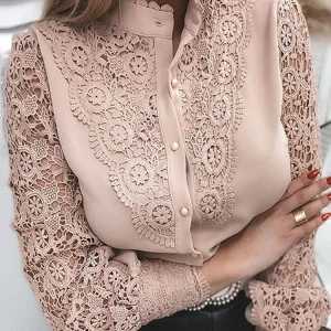 Elegant Women's Blouse Vintage Lace Spliced Long Sleeve Pink Button Up Woman Shirt Tops 2024 Fashion Casual Ladies Blouses Top