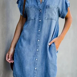 Casual Women's Denim Shirt Dress Short Sleeve Button Pockets Distressed Jean Dress 2023 Spring Summer Loose Dresses Female 5XL