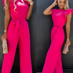 Summer Women's Jumpsuits 2023 Elegant Belt Solid Overalls Woman Jumpsuit Casual O-neck Ruffles Office Lady Wide Leg Playsuits