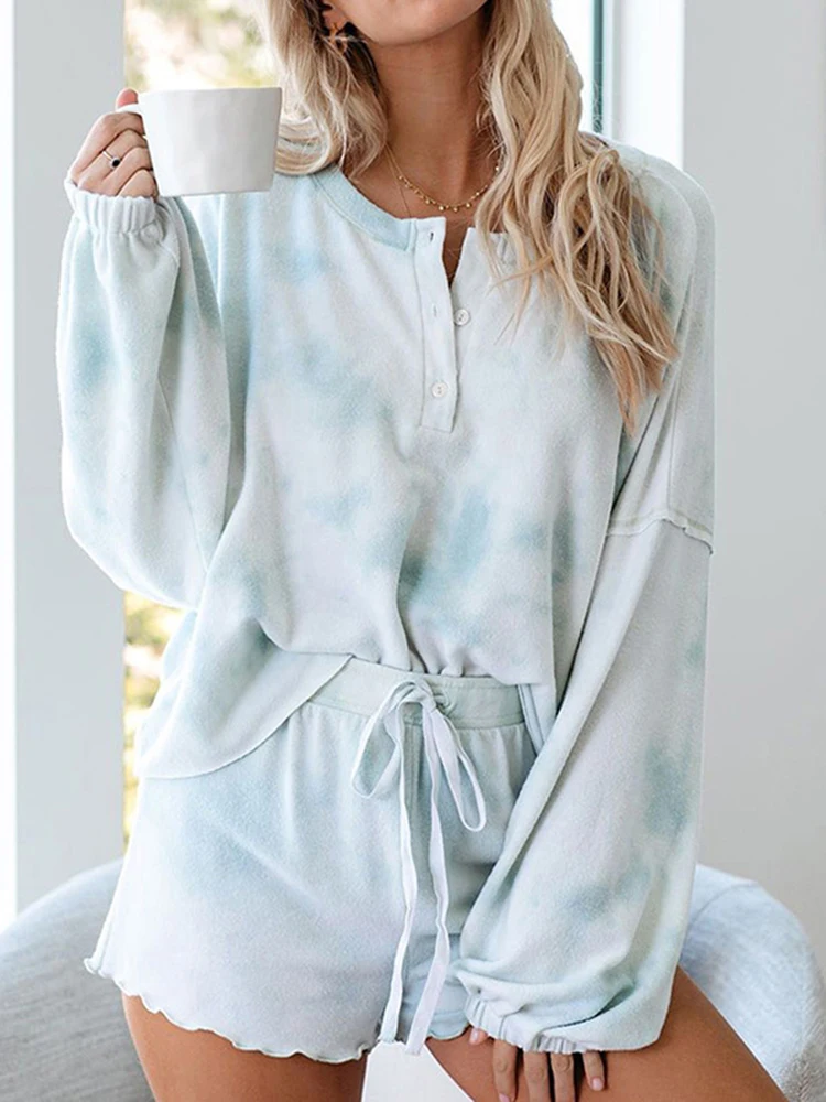 Women Homewear Sets Casual Long Sleeve Loose Button Top And Shorts Print Two Piece Pajamas Women's Suit 2023 Autumn Set - Image 4