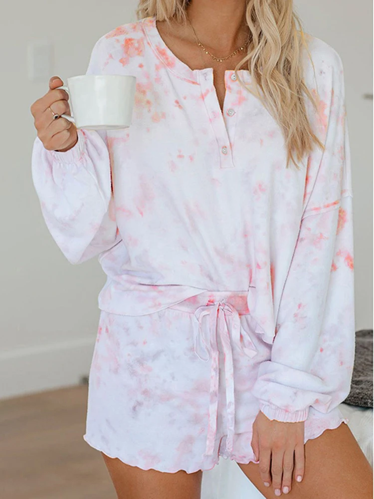 Women Homewear Sets Casual Long Sleeve Loose Button Top And Shorts Print Two Piece Pajamas Women's Suit 2023 Autumn Set - Image 5
