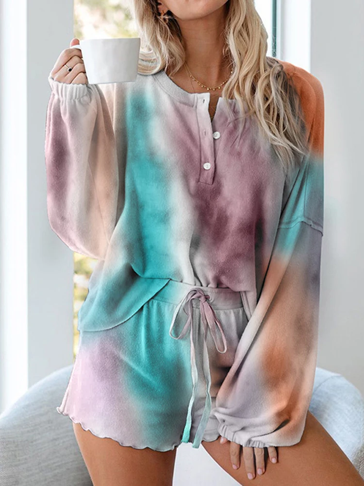 Women Homewear Sets Casual Long Sleeve Loose Button Top And Shorts Print Two Piece Pajamas Women's Suit 2023 Autumn Set - Image 2