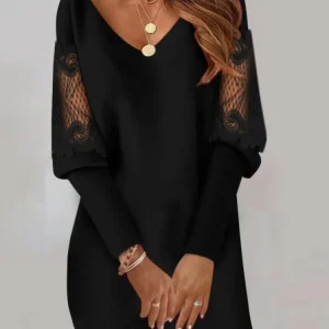 Dresses For Women 2024 Sexy V Neck Mesh Lace Sleeve Loose Dress Spring Autumn Casual Elegant Office Ladies Dress Robe Femme